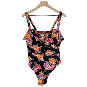 Terra & Sky Black Floral One Piece Swimsuit Size 1X Ruffle Boho Retro Pin Up